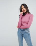 Asos Long Sleeve High Neck Crop Top In Rib - Pink