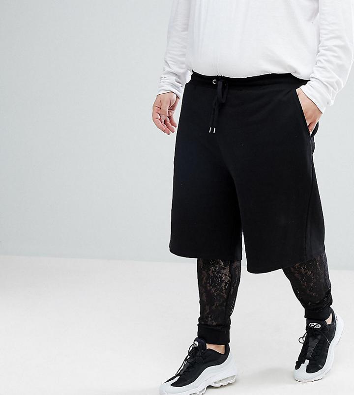 Asos Plus Oversized Short With Lace Megging Layer - Black