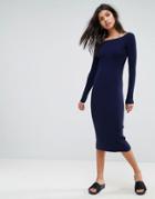 Asos Knitted Dress With Off Shoulder In Rib - Navy