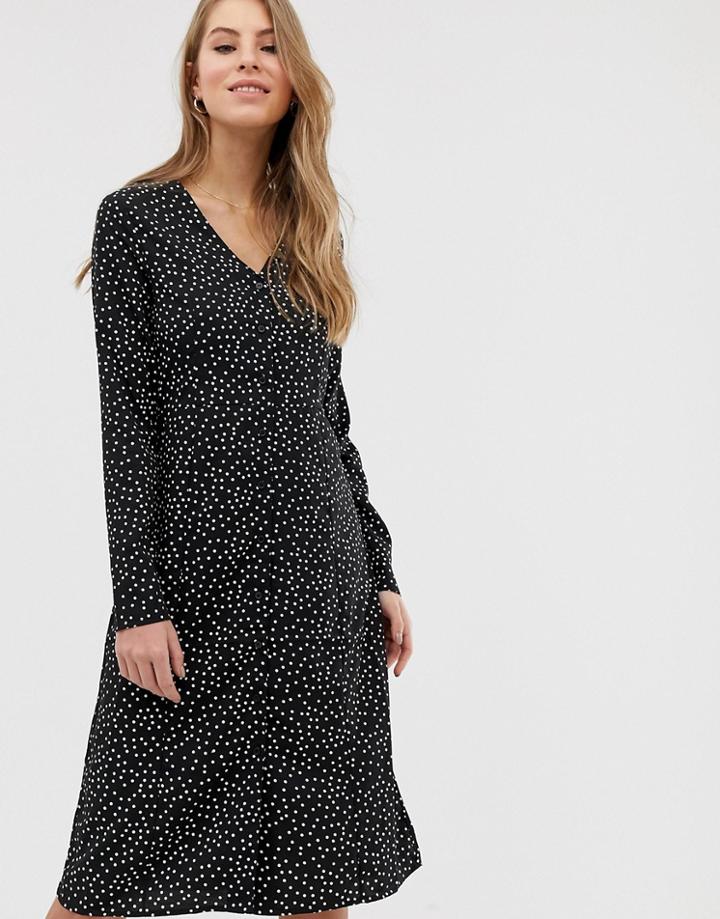 Qed London Button Down Front Midi Tea Dress In Polka Dot - Black