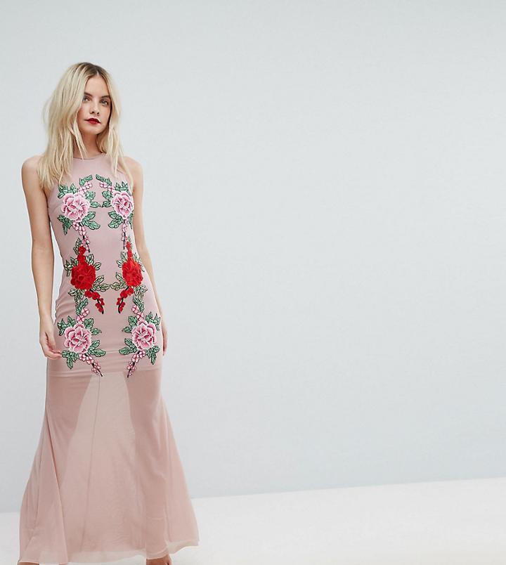 Naanaa Petite Fishtail Maxi Dress With Lace Applique - Beige