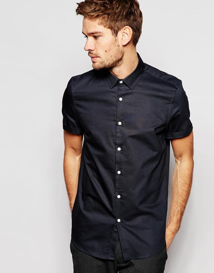 Asos Smart Oxford Shirt In Charcoal With Short Sleeves - Charcoal