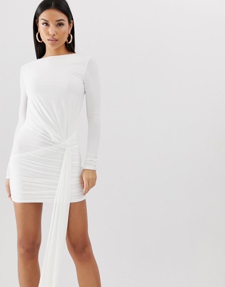 Club L Slinky Tie Side Ruched Mini Bodycon Dress In White - White