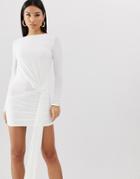 Club L Slinky Tie Side Ruched Mini Bodycon Dress In White - White