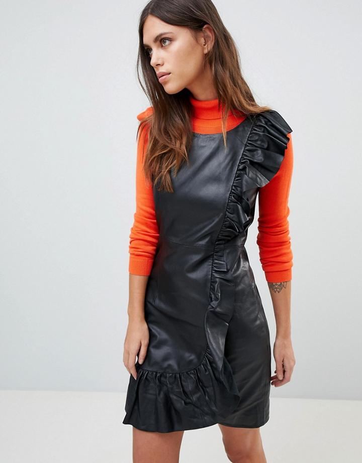 Y.a.s Frill Leather Dress - Black