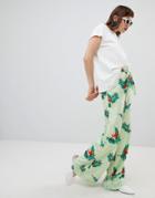 Mango Floral Wide Leg Pants In Green - Green