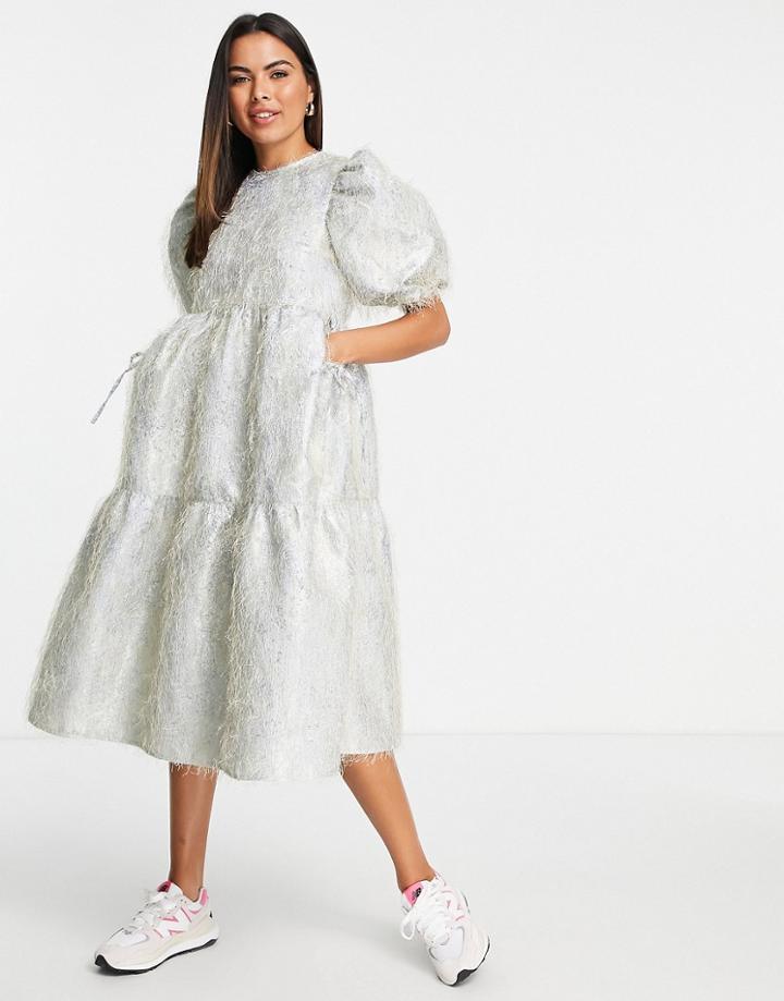 Asos Design Fluffy Jacquard Tiered Midi Dress With Bellow Pockets In Blue-blues