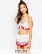 Wolf & Whistle Tie Front Embroidered Beach Top - White