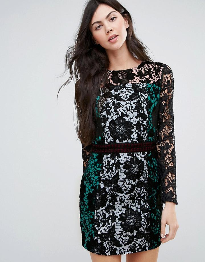 Endless Rose Color Block Long Sleeve Lace Dress - Black
