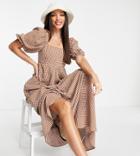 Asos Design Tall Trapeze Maxi Dress In Brown Gingham-multi