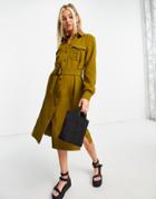 Object Belted Midi Shirt Dress In Khaki-green