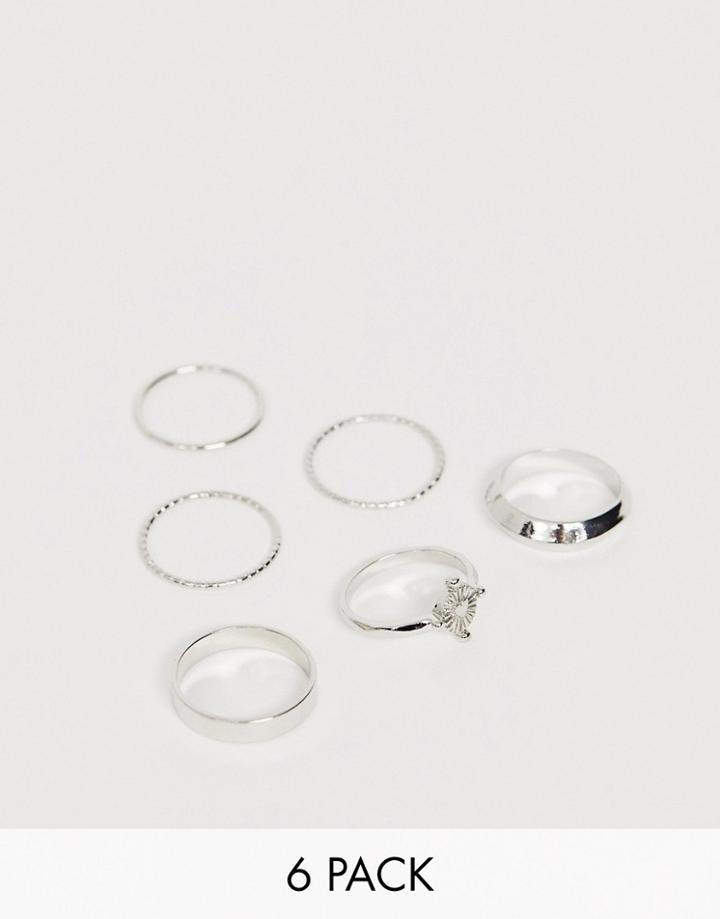Asos Design Pack Of 6 Rings With Engraved Heart Design And Graduated Band In Silver Tone - Silver