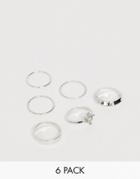 Asos Design Pack Of 6 Rings With Engraved Heart Design And Graduated Band In Silver Tone - Silver
