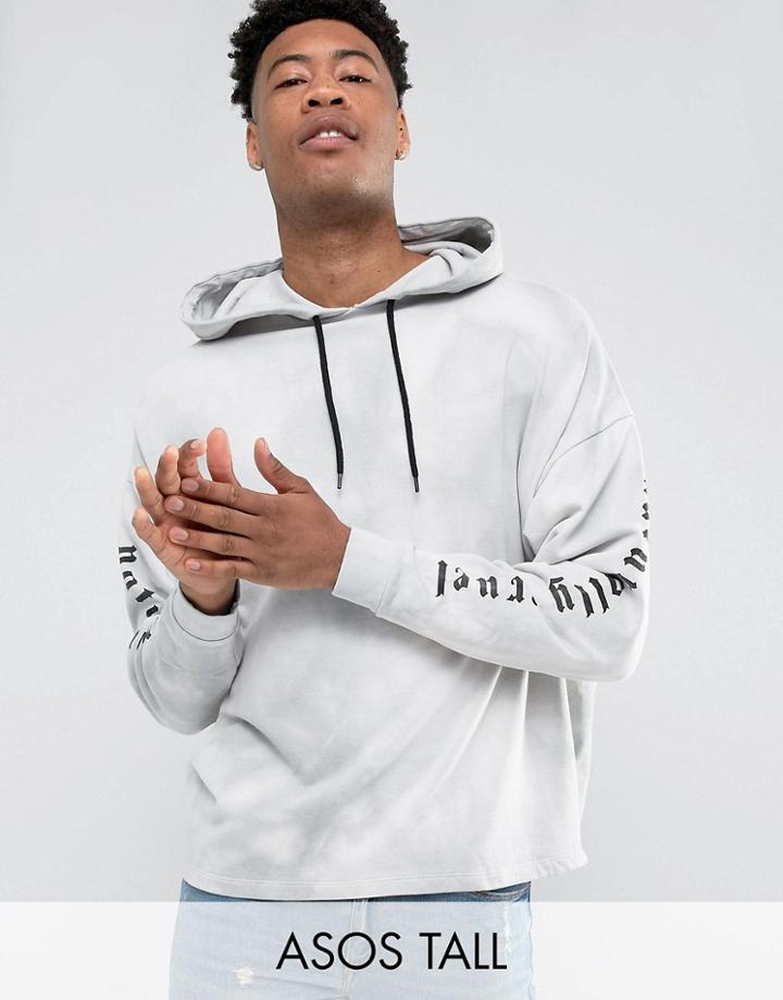Asos Tall Oversized Hoodie In Acid Wash With Sleeve Print - Gray