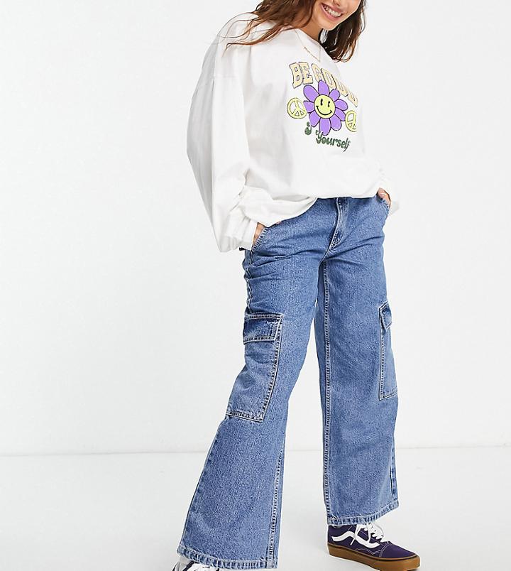 Asos Design Petite Mid Rise Oversized 'skater' Jean In Lightwash-blue