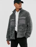 Asos Design Zip Through Borg Jacket In Gray - Gray