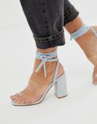Public Desire Mia Denim Clear Detail Ankle Tie Heeled Sandals-blue