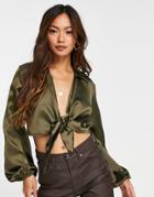 Flounce London Tie Front Satin Blouse In Olive Green-grey