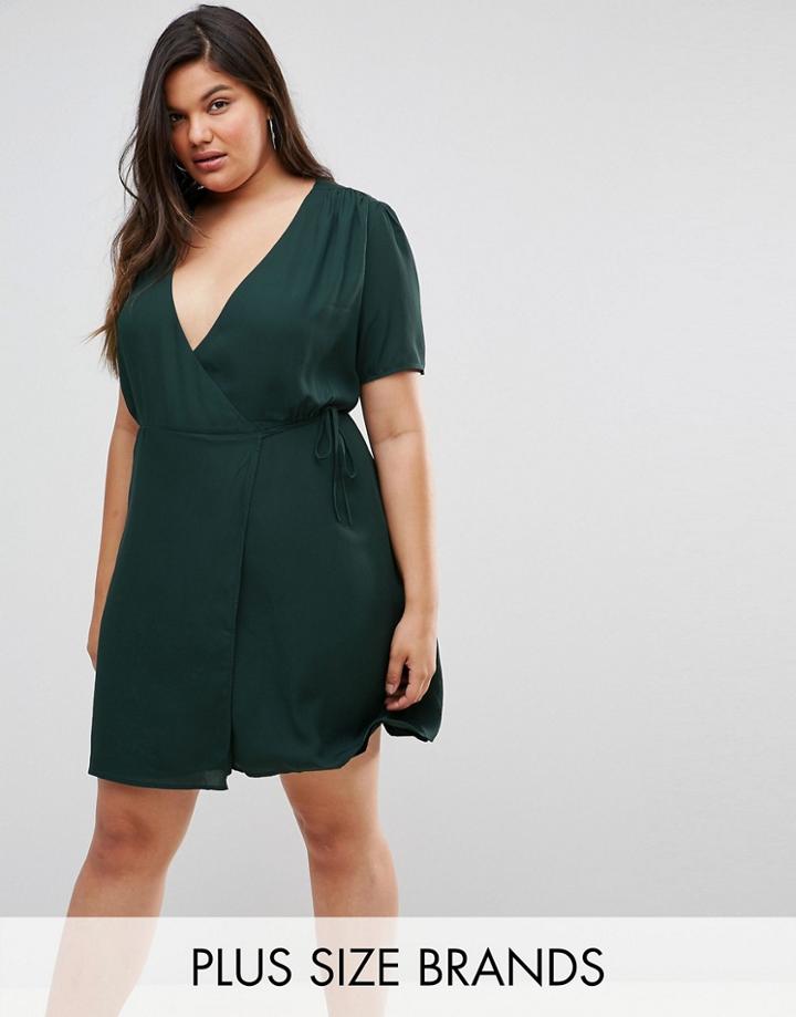 Fashion Union Plus Wrap Dress With Ribbon Tie - Green