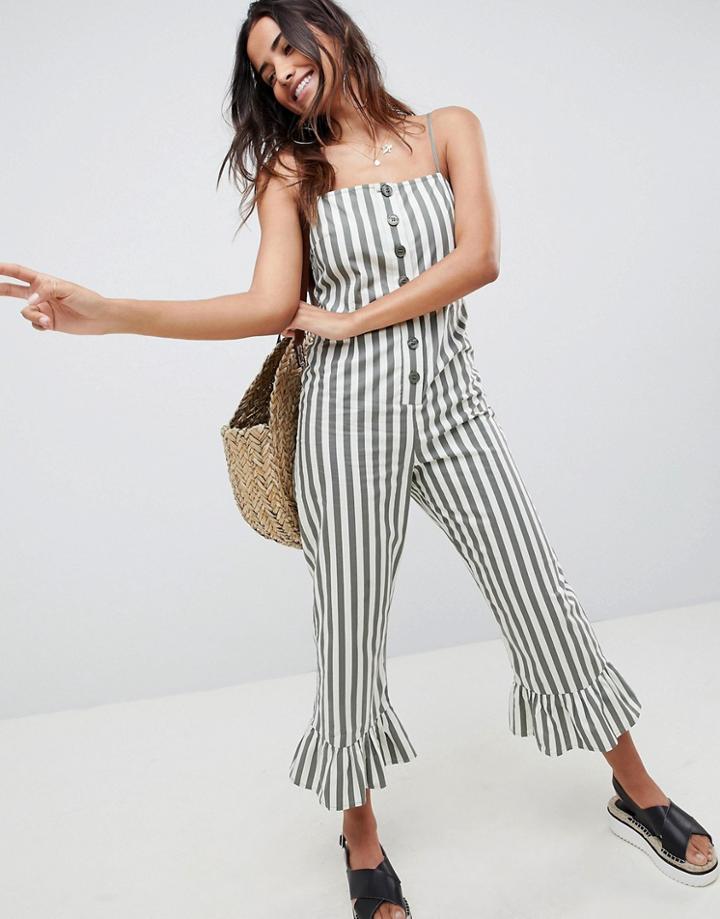 Asos Design Cotton Frill Hem Jumpsuit With Square Neck And Button Detail In Stripe - Multi