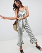 Asos Design Cotton Frill Hem Jumpsuit With Square Neck And Button Detail In Stripe - Multi