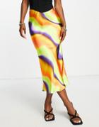 Asos Design Satin Bias Midi Skirt In Bright Tie Dye Print-multi