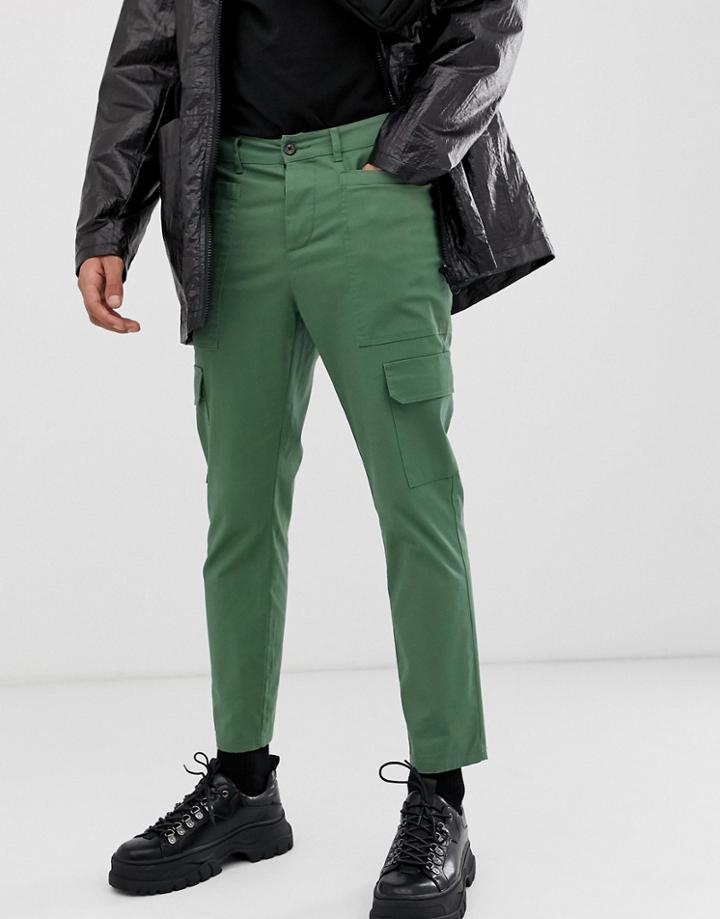 Asos Design Slim Cropped Cargo Pants In Khaki-green