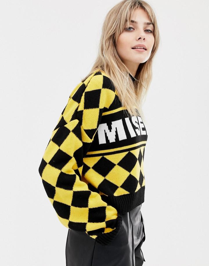 The Ragged Priest Cropped Knitted Sweater With Diamond Design And Slogan - Yellow