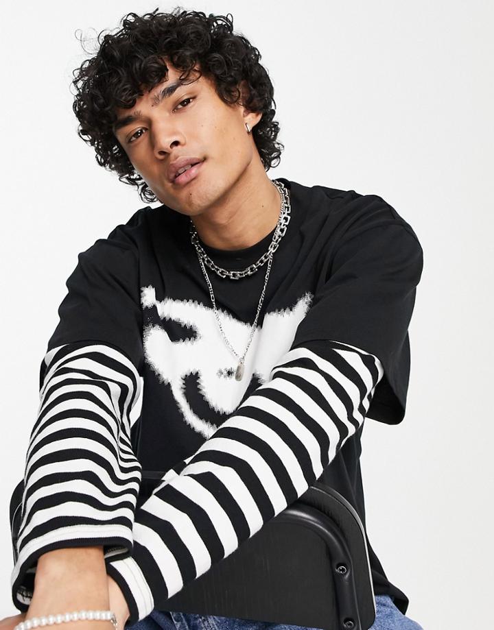 Jaded London Oversized Double Layer T-shirt In Black With Eye Print And Striped Sleeves