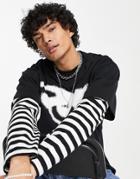 Jaded London Oversized Double Layer T-shirt In Black With Eye Print And Striped Sleeves