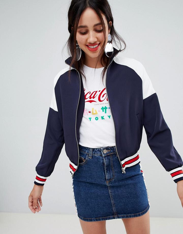 Stradivarius Ribbed Color Block Collar Bomber - Navy