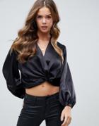 Asos Design Satin Plunge Top With Twist Front - Black