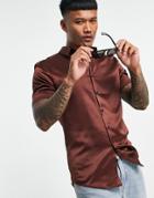 Asos Design Skinny Satin Shirt In Brown-neutral