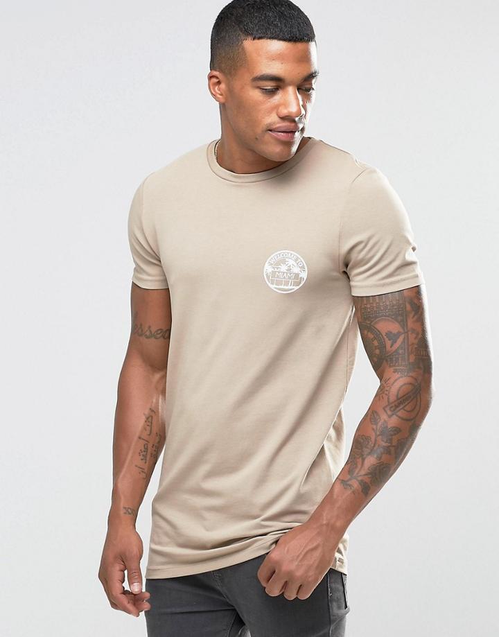Asos Longline Muscle T-shirt With Welcome To Miami Chest Print - Silver Mink