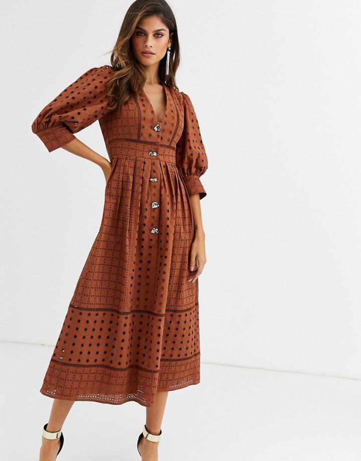 Asos Design Button Through Broderie Midi Dress-brown