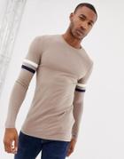 Asos Design Muscle Fit Longline Long Sleeve T-shirt With Contrast Sleeve Stripe In Beige - Beige