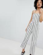 Bershka Stripe Wide Leg Jumpsuit In Cream - White