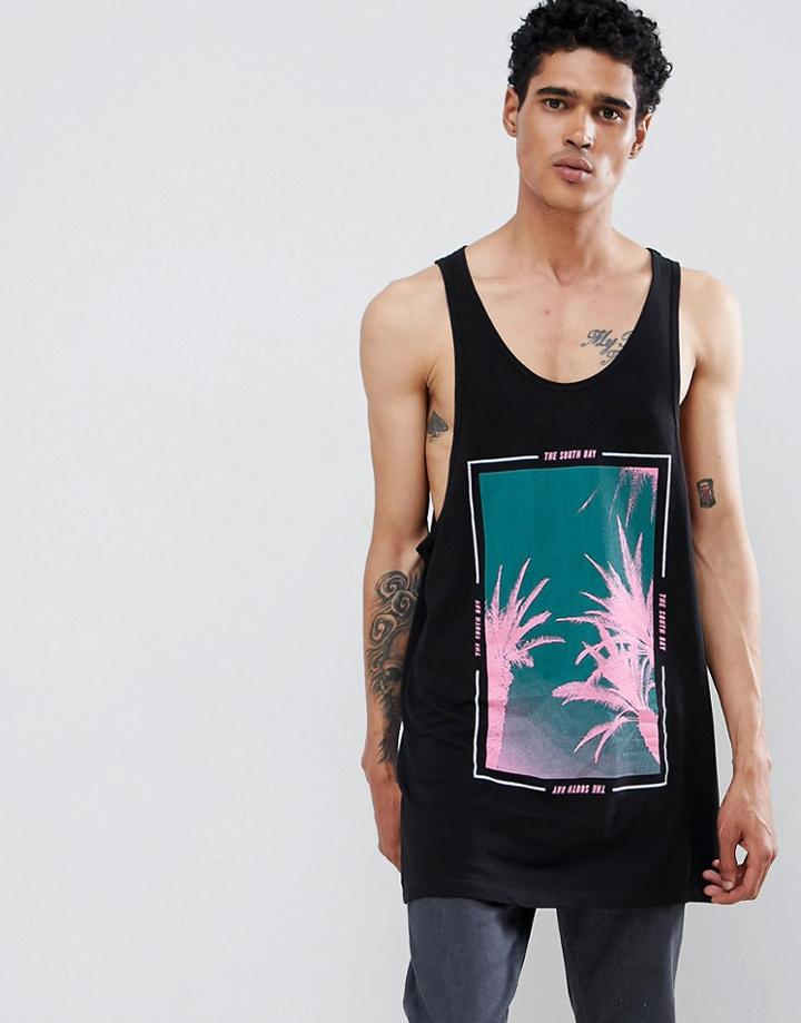 New Look Tank With South Bay Palm Print In Black - Black