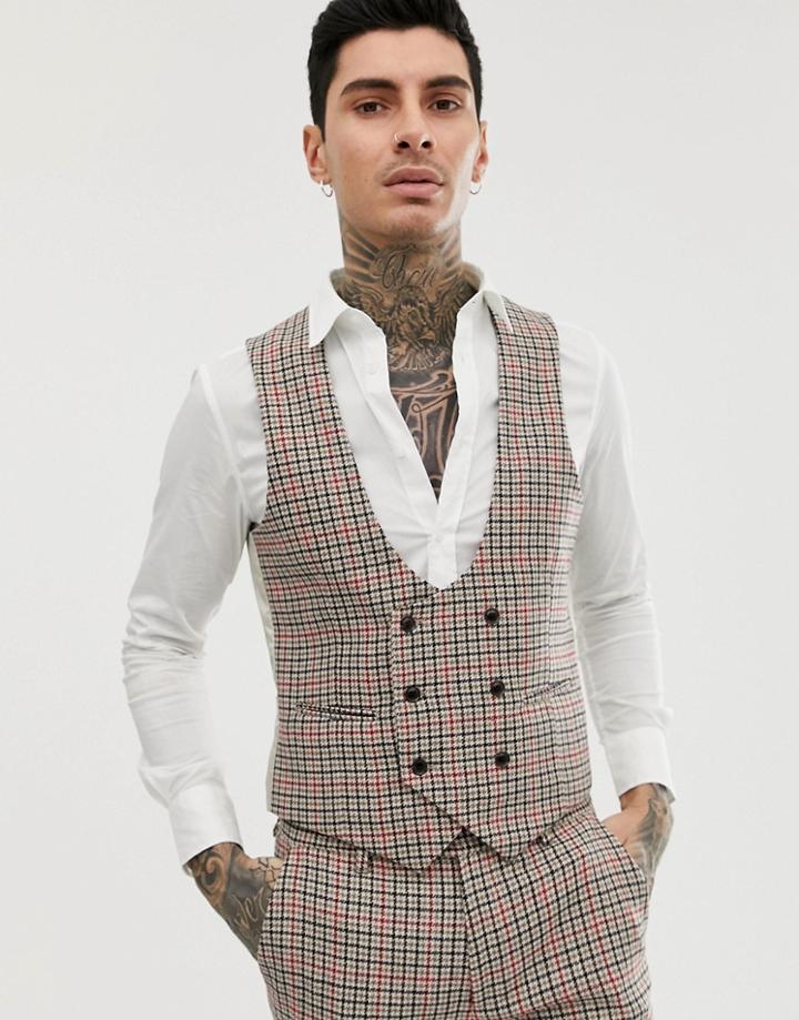Gianni Feraud Skinny Fit Small Check Suit Vest Curved - Brown