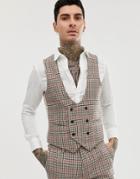 Gianni Feraud Skinny Fit Small Check Suit Vest Curved - Brown