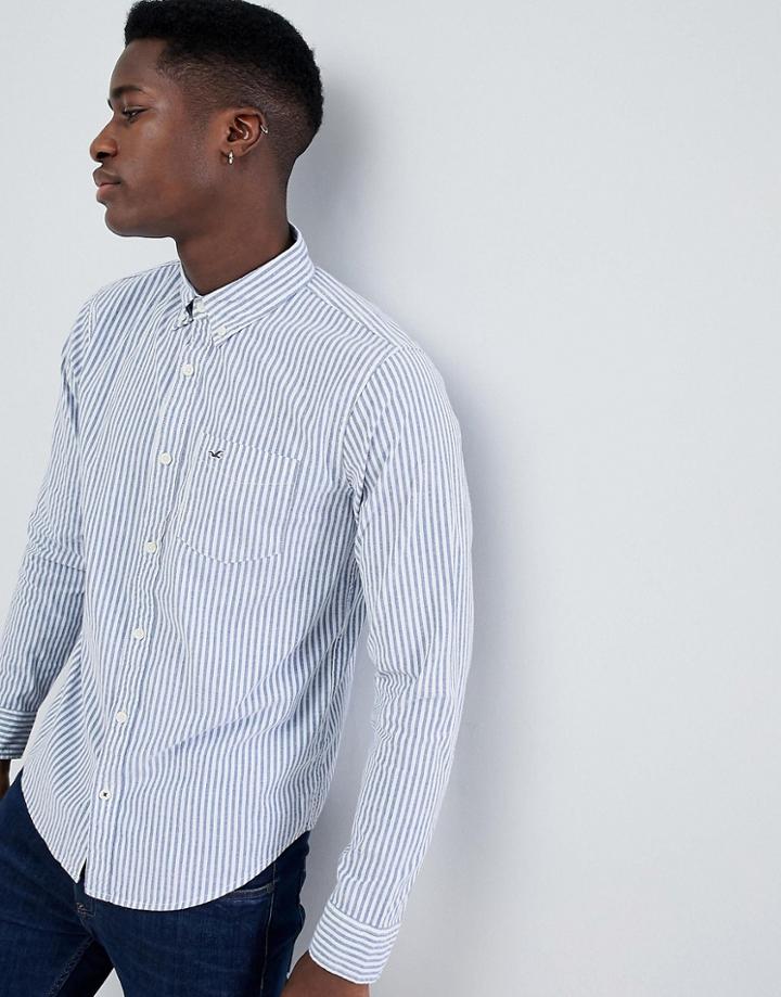 Hollister Button Down Seagull Logo Wide Marl Stripe Slim Fit Shirt In White/blue - White