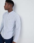 Hollister Button Down Seagull Logo Wide Marl Stripe Slim Fit Shirt In White/blue - White