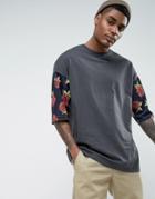 Asos Oversized T-shirt With Contrast Velour Floral Sleeve - Black