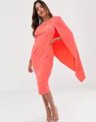 Lavish Alice One Shoulder Cape Midi Dress In Coral - Orange