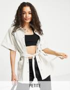 Topshop Petite Faux Leather Short Sleeve Tie Shirt In Off White