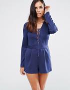 Love & Other Things Romper With Lace Up Front - Blue