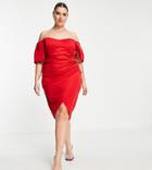 Asos Design Curve Sweetheart Neck Wrap Tuck Off Shoulder Bardot Midi Dress In Red