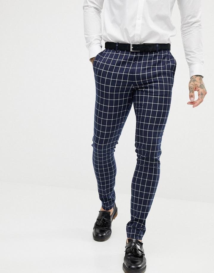 Asos Design Super Skinny Suit Pants In Navy Grid Check - Navy