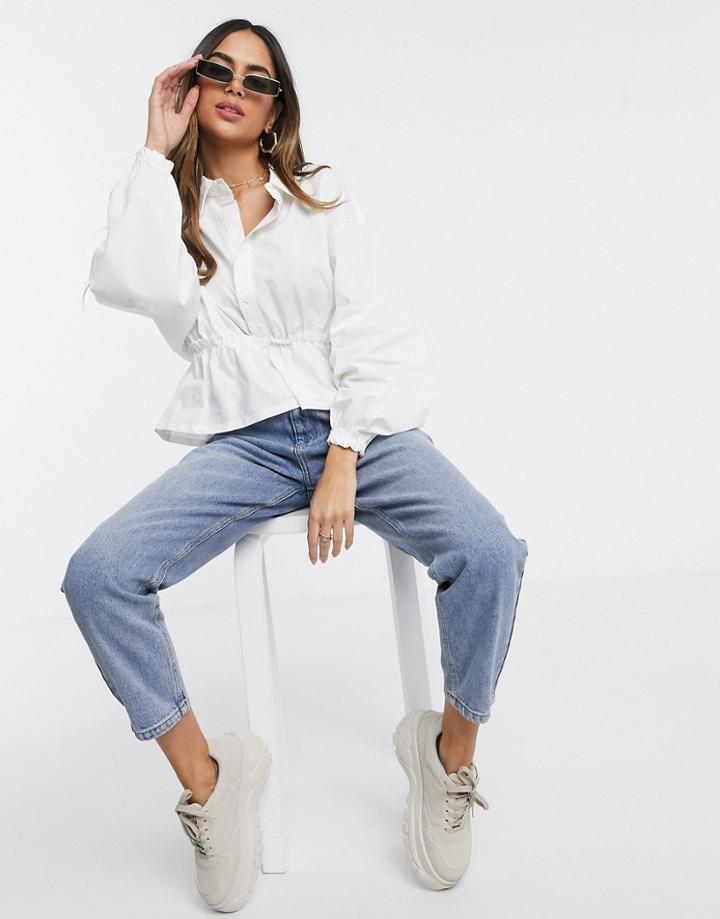 Missguided Gathered Waist Poplin Shirt In White