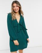 Asos Design Tie Front Mini Tea Dress With Long Sleeves In Forest Green